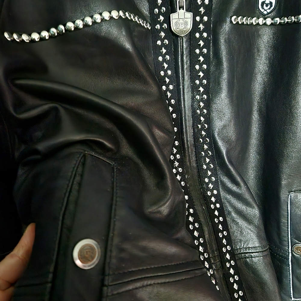 1 Of 1 Phat Farm Limited Edition Studded Premium Leather Coat Fur Lined 2X - Picture 10 of 14